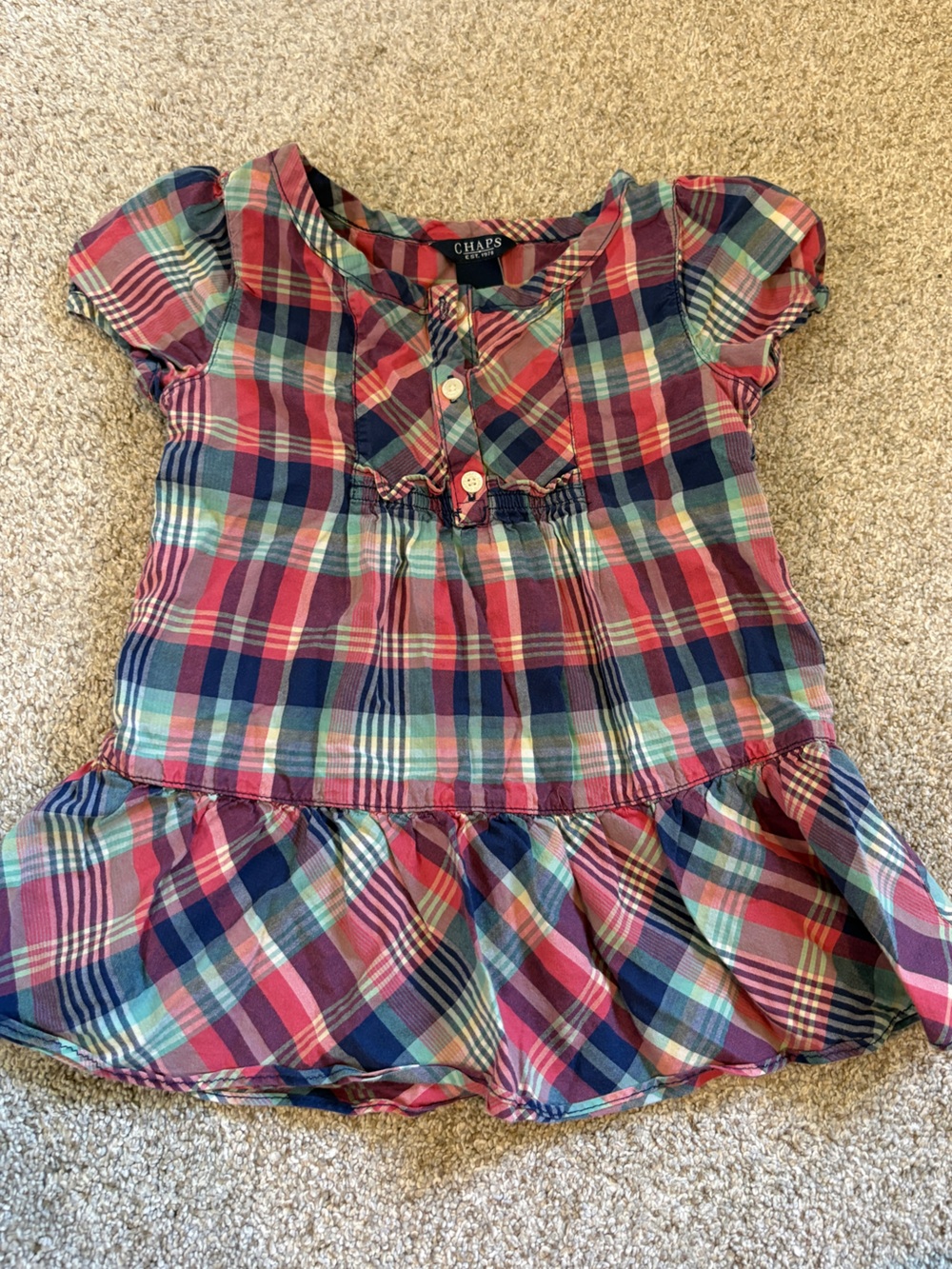 Chaps plaid blouse size 4T red blue puffy sleeves ruffled trim peplum
